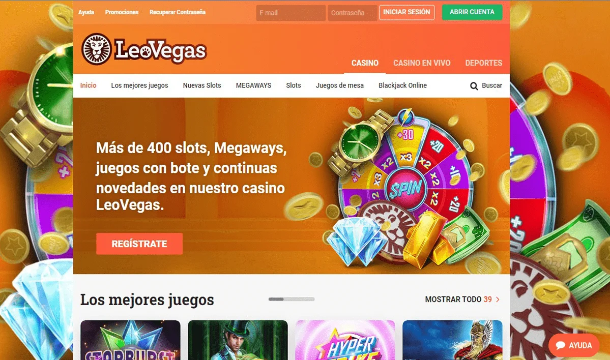 Pantalla principal del casino online Leovegas mostrando juegos y promociones